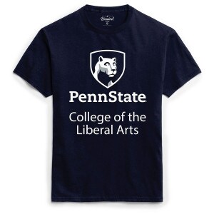short sleeve navy t-shirt with Penn State College of the Liberal Arts below Lion Shield graphic